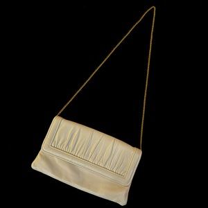 Vintage off white leather flap clutch with gold chain link strap